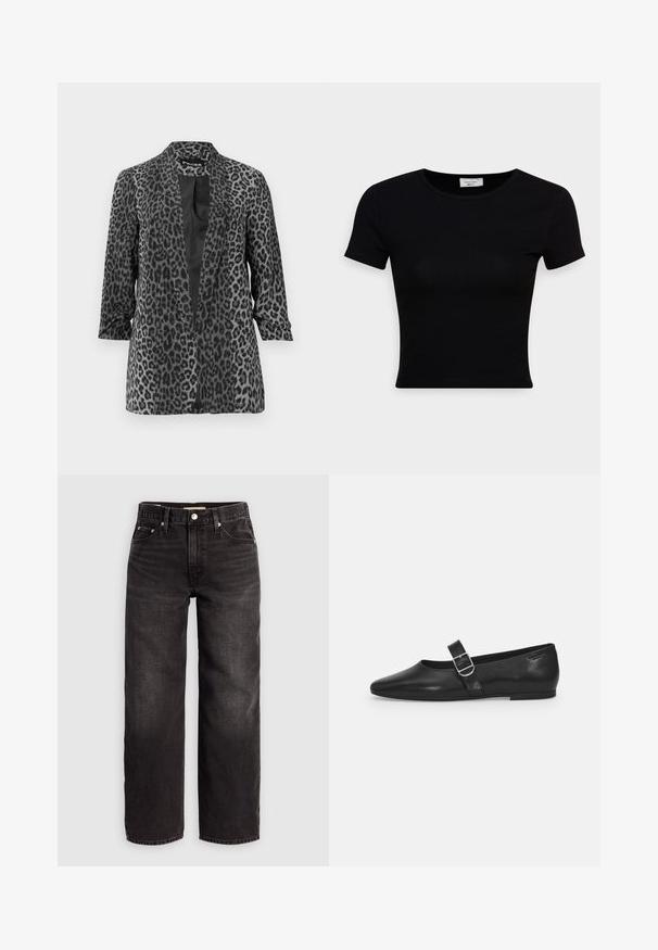 Sort og grå leopardprint blazer med lange ærmer, åben front og glat stof. Har sjalskrave og afslappet pasform.; Sort kortærmet t-shirt lavet af glat bomuldsstof, med rund halsudskæring og en tætsiddende pasform. Minimalistisk uden synlige mønstre.; Levi's® BAGGY DAD - Baggy jeans - shrink up; Sorte læder flade sko med rund tå, et enkelt justerbart spænde og en glat, blank overflade. Minimalistisk design med en lav hæl.