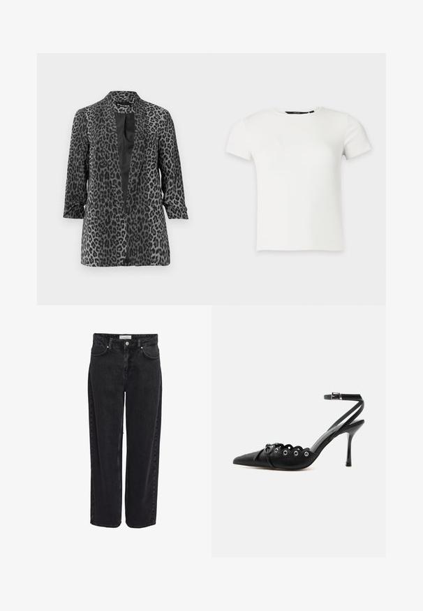 Blazer de leopardo negro y gris con mangas largas, frente abierto y tela suave. Cuenta con un cuello de chal y un corte relajado.; Camiseta blanca de punto acanalado con mangas cortas y cuello redondo, presentada sobre un fondo liso gris claro.; Jeans de mezclilla negra de pierna ancha con cintura alta, diseño de cinco bolsillos y cierre de cremallera. Textura suave con detalles mínimos de costuras visibles.; Zapato de tacón alto negro con punta fina, bordes ondulados, ojales metálicos, cordones delanteros y una correa en el tobillo con cierre de hebilla.