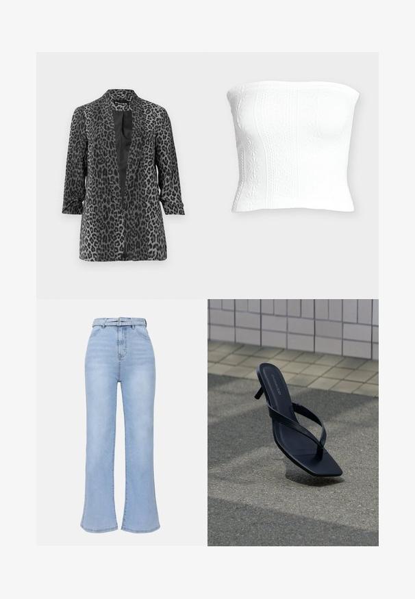 Zwarte en grijze luipaardprint blazer met lange mouwen, open voorkant en een gladde stof. Heeft een sjaalkraag en een relaxte pasvorm.; Witte strapless gebreide tube top met bloemmotieven en textuureffecten, nauwsluitende pasvorm.; Even&Odd Flared Jeans - light blue wash; Zwarte sandaal met hak, dunne bandjes en een vierkante neus, rechtopstaand op een textuurrijk trottoir bij een betegelde muur.