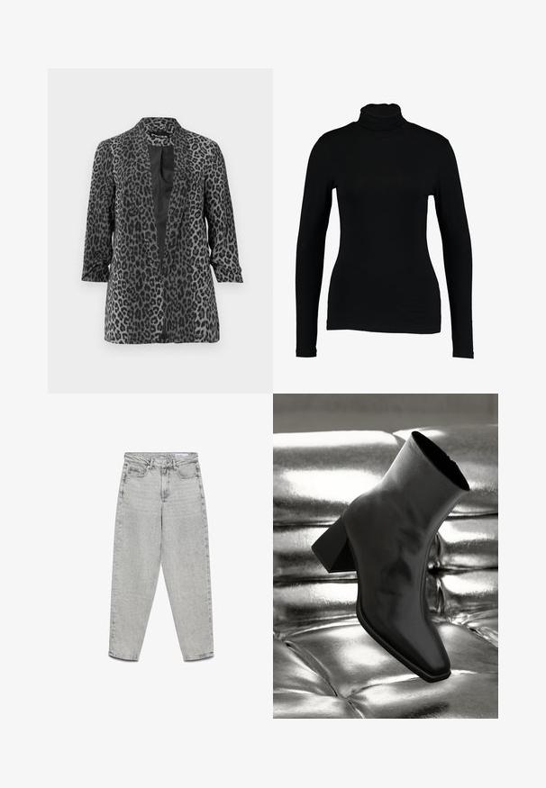 Zwarte en grijze luipaardprint blazer met lange mouwen, open voorkant en een gladde stof. Heeft een sjaalkraag en een relaxte pasvorm.; Zwart lange mouw turtleneck top van gladde stof, met een aansluitend ontwerp en hoge hals, geschikt voor layering of als standalone kleding.; Lichtgrijze jeans met hoge taille en rechte pijpen, voorzakken, riemlussen en een ritssluiting.; Zwarte enkellaarsjes van glanzend materiaal met een vierkante neus en taps toelopende hak, afgezet tegen een glanzende zilveren gecapitonneerde achtergrond.