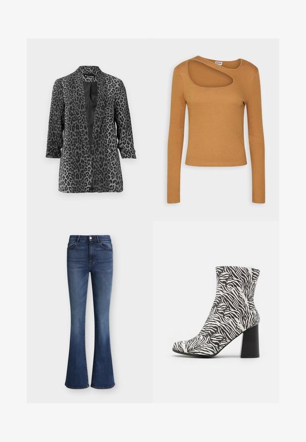 Blazer de leopardo negro y gris con mangas largas, frente abierto y tela suave. Cuenta con un cuello de chal y un corte relajado.; Noisy May NMDRAKEY PRASI - Camiseta de manga larga - chipmunk; Vaqueros de denim azul oscuro con cintura alta, cierre frontal con botones y cremallera, ajuste ceñido en los muslos que se ensancha a partir de la rodilla.; Even&Odd Botines - black