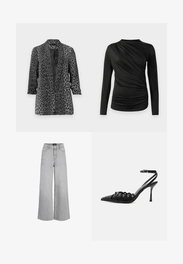 Sort og grå leopardprint blazer med lange ærmer, åben front og glat stof. Har sjalskrave og afslappet pasform.; Sorte langærmede top med samlet tekstur langs fronten, med høj hals og slank pasform. Blødt, strækbart stof.; Lysegrå vidde jeans med høj talje, forreste knap, lynlås, bæltestropper og mærkelabel på linningen.; Sort spids hæl med bølgede kanter, metaløjer, snørelukning foran og ankelrem med spænde.