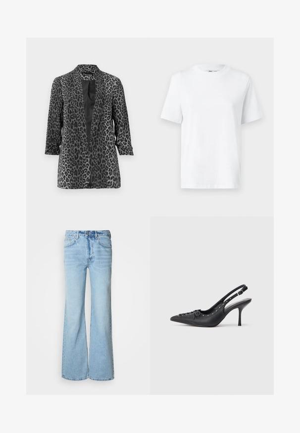 Sort og grå leopardprint blazer med lange ærmer, åben front og glat stof. Har sjalskrave og afslappet pasform.; Hvid bomulds T-shirt med rund hals, kortærmet og en glat tekstur. Designet med en afslappet pasform for komfort og alsidighed.; Lyseblå jeans med flared ben, lavet af denim, med knapper foran, fem lommer og diskret falmet effekt.; Sorte læder slingback stiletto med spids tå, side spændebånd, nitter langs kanten og dekorativ snøring foran.