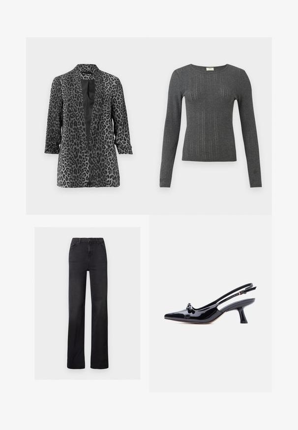 Blazer de leopardo negro y gris con mangas largas, frente abierto y tela suave. Cuenta con un cuello de chal y un corte relajado.; Top de manga larga y ajustado en un tejido de punto gris oscuro con sutiles rayas verticales y un escote redondo. Textura suave con un ligero brillo en la tela.; Jeans rectos de mezclilla negra con cintura alta, diseño de cinco bolsillos y costuras visibles. Textura suave con un acabado ligeramente deslavado.; Zapato slingback de charol negro con punta puntiaguda, pequeño detalle de nudo y tacón medio acampanado sobre fondo blanco.