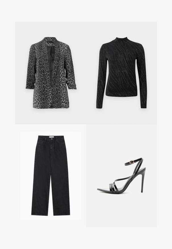 Zwarte en grijze luipaardprint blazer met lange mouwen, open voorkant en een gladde stof. Heeft een sjaalkraag en een relaxte pasvorm.; Zwart langave top met een hoge halslijn, voorzien van een golvend patroon van zilveren sparkles op een gestructureerde stof. Strak ontwerp.; Zwarte high-waisted spijkerbroek met wijde pijpen, frontknopen en ritssluiting, ceintuurlussen en een vijf-pocket stijl.; Zwarte sandaal met hoge hak en dunne bandjes over de tenen en om de enkel, met een gouden gesp op een slanke naaldhak.