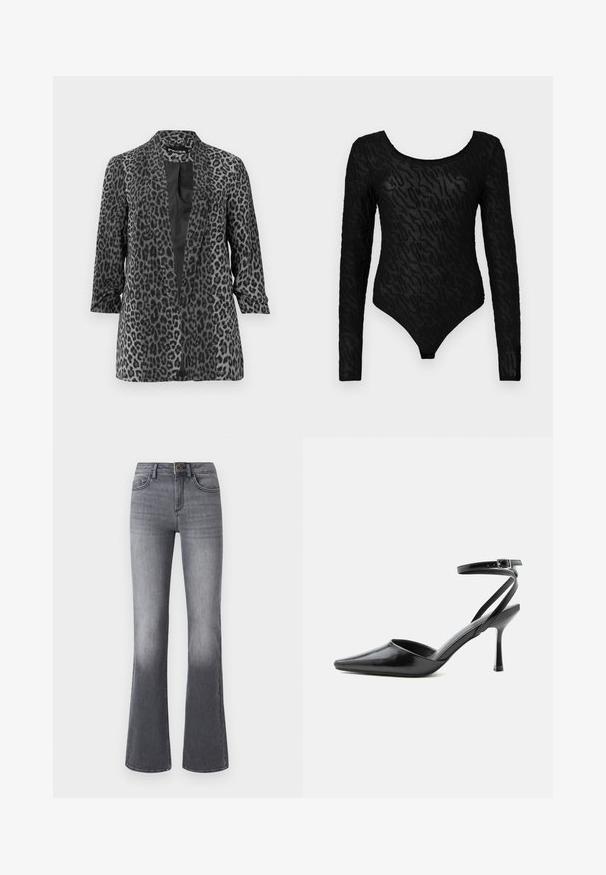 Zwarte en grijze luipaardprint blazer met lange mouwen, open voorkant en een gladde stof. Heeft een sjaalkraag en een relaxte pasvorm.; Zwarte bodysuit met lange mouwen en een textuurpatroon, met een ronde halslijn en een aansluitende pasvorm, gemaakt van een transparant materiaal.; High-waisted flared jeans in donkergrijze denim, met voorzakken, een knoopsluiting en subtiele vervaging naar de zoom toe.; Zwarte pumps met puntige neus, dunne enkelbandjes en een zilveren gesp op een effen lichte achtergrond.