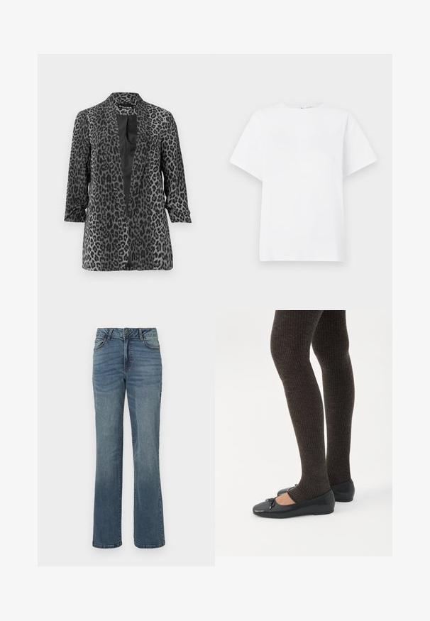 Blazer de leopardo negro y gris con mangas largas, frente abierto y tela suave. Cuenta con un cuello de chal y un corte relajado.; Camiseta blanca de manga corta hecha de algodón. Presenta un cuello redondeado, un corte relajado y una textura suave sin patrones ni acentos.; Vaqueros de mezclilla azul de pierna recta con cierre frontal de botón y cremallera, bolsillos delanteros y traseros, y un sutil desgaste.; Piernas con leggings oscuros acanalados combinados con bailarinas negras que presentan pequeños detalles de lazo sobre un fondo blanco.