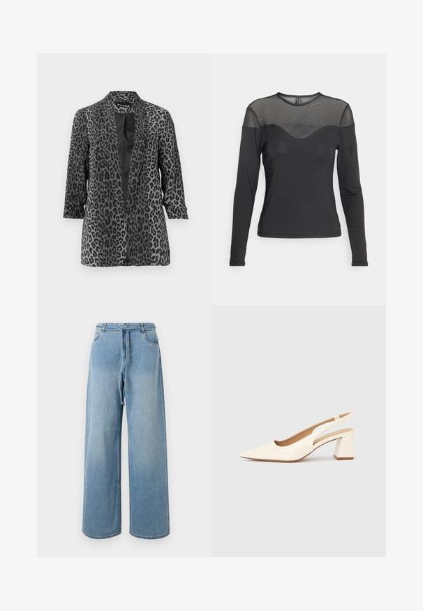 Blazer de leopardo negro y gris con mangas largas, frente abierto y tela suave. Cuenta con un cuello de chal y un corte relajado.; Vero Moda Petite VMKATE CONTRAST - Camiseta de manga larga - black; Jeans de mezclilla azul claro de pierna ancha con tiro alto, que cuentan con bolsillos frontales, un cinturón con lazo y una textura desgastada.; Zapato de salón con tira trasera en charol crema brillante, con punta afilada y tacón cuadrado grueso para mayor estabilidad. Diseño minimalista, sin adornos.
