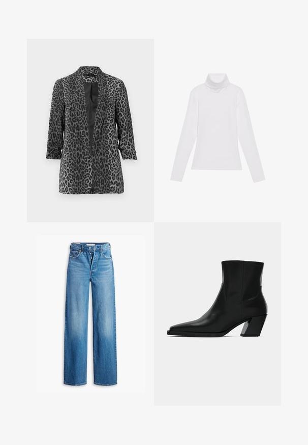 Zwarte en grijze luipaardprint blazer met lange mouwen, open voorkant en een gladde stof. Heeft een sjaalkraag en een relaxte pasvorm.; Witte lange mouw turtleneck top gemaakt van glad, elastisch materiaal. Voorzien van een hoge kraag en een getailleerd ontwerp, zonder zichtbare patronen of versieringen.; Blauwe spijkerbroek met een hoge taille, wijde pijpen en vijf-pocketstijl. Voorzien van een knopenfly en een vervaagde afwerking.; Zwarte leren enkelboot met een spitse neus, een slanke silhoeet en een chunky vierkante hak. Gladde textuur met minimale stikdetails.