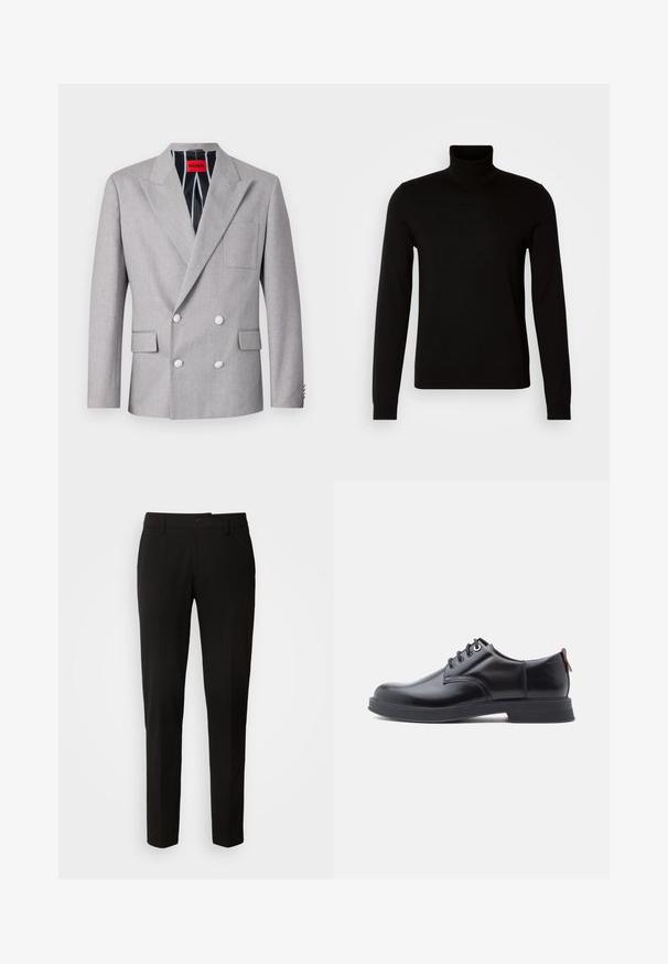 Blazer gris de doble botonadura hecho de tela texturizada. Presenta solapas en picos, dos bolsillos frontales y botones blancos. Forrado con un patrón a rayas.; Suéter negro de cuello alto confeccionado en un tejido de punto fino, con mangas largas y una silueta ajustada. Textura suave con puños acanalados.; Pantalones negros con un diseño de pierna recta, con cierre de botón, trabillas para cinturón y una textura de tela suave. Sin patrones ni acentos visibles.; Zapatos de piel negra con cordones, textura lisa, puntera redondeada y detalles sutiles de costura. Cuentan con una lengüeta roja en el talón.