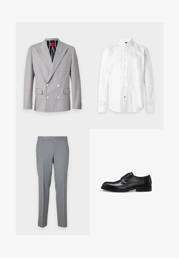 Blazer gris de doble botonadura hecho de tela texturizada. Presenta solapas en picos, dos bolsillos frontales y botones blancos. Forrado con un patrón a rayas.; Camisa blanca de manga larga con botones en la parte delantera y cuello abierto, mostrada extendida sobre un fondo claro.; Pantalones grises a medida hechos de una tela texturizada, con un diseño de frente plano, trabillas para cinturón y dos bolsillos laterales. Diseño de pierna recta.; Zapato de vestir para hombre de cuero negro pulido con cordones cerrados, tacón bajo y detalle sutil de marca cerca del talón sobre un fondo blanco.