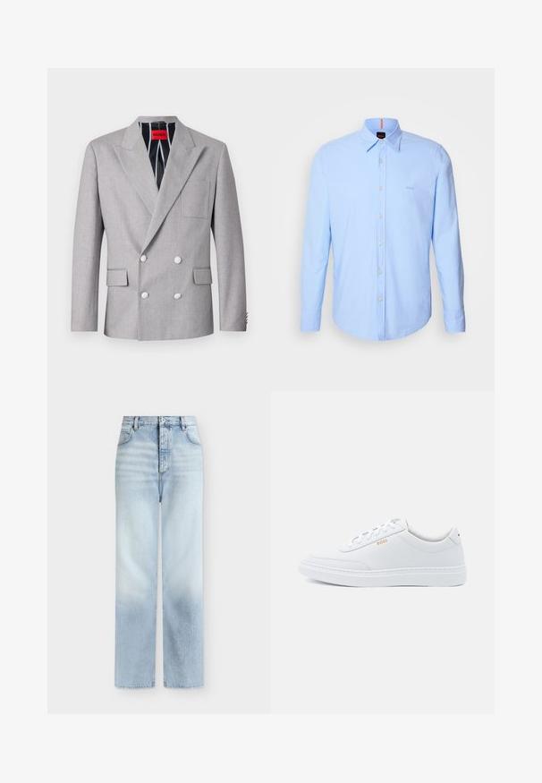 Blazer gris de doble botonadura hecho de tela texturizada. Presenta solapas en picos, dos bolsillos frontales y botones blancos. Forrado con un patrón a rayas.; Camisa de manga larga de color azul claro, fabricada en algodón, con cuello tipo button-down, cierre frontal de botones y bordado sutil de logotipo en el pecho.; Vaqueros azul claro de talle alto y pierna recta con bolsillos delanteros, trabillas para cinturón y cierre de botón.; Zapatillas de cuero blanco con textura suave, puntera redondeada y costuras tonales. Cuentan con cordones azules y un logo dorado en el lateral.