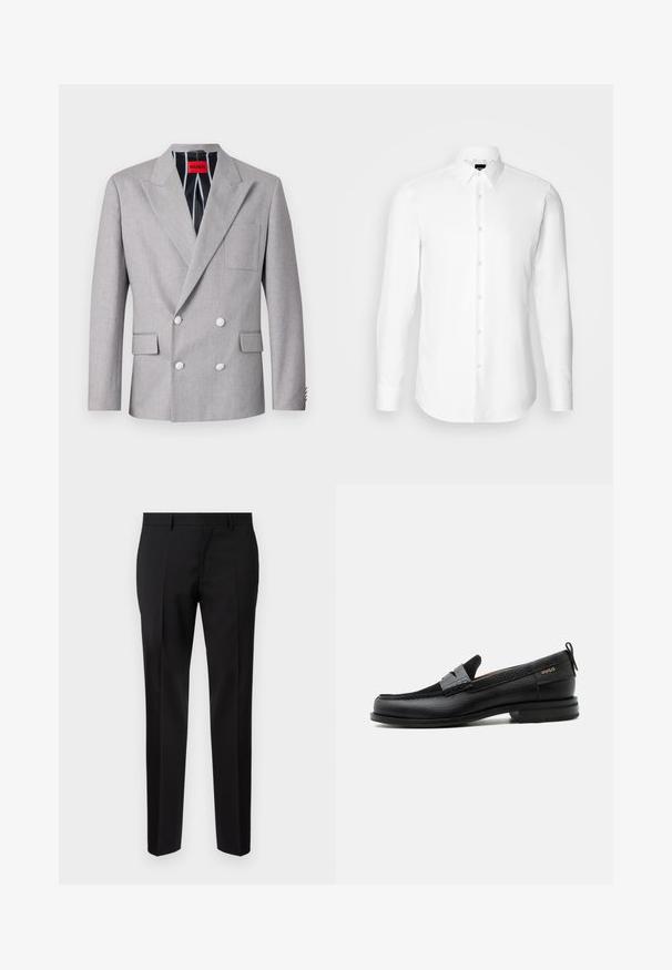 Blazer gris de doble botonadura hecho de tela texturizada. Presenta solapas en picos, dos bolsillos frontales y botones blancos. Forrado con un patrón a rayas.; Camisa blanca de manga larga, con cierre de botones en el frente, cuello clásico, confeccionada con una tela suave con una textura sutil, diseñada para un ajuste entallado.; Pantalones negros de corte ajustado, hechos de una tela suave, con pernera recta, detalles de pinzas refinadas y una cinturilla clásica con ojales para cinturón.; Mocasín de cuero negro con detalle de tira gris, tacón bajo y suela texturizada, con la marca "HUGO" en oro en el lateral.