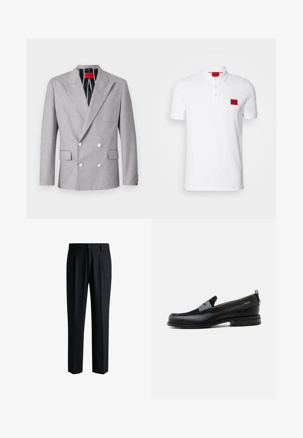 Blazer gris de doble botonadura hecho de tela texturizada. Presenta solapas en picos, dos bolsillos frontales y botones blancos. Forrado con un patrón a rayas.; Camisa polo blanca de algodón, con un ribete de tres botones, mangas cortas y un parche de logo rectangular rojo en el lado izquierdo del pecho.; Pantalones negros de tela suave, con un diseño de pierna recta, pliegues en la parte delantera y cierre de botón con trabillas para cinturón.; Mocasín de cuero negro con detalle de tira gris, tacón bajo y suela texturizada, con la marca "HUGO" en oro en el lateral.
