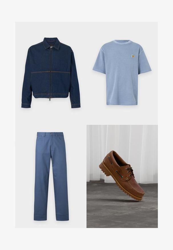 Veste en denim bleu foncé avec une fermeture éclair sur le devant, un col classique et deux coutures contrastées traversant la poitrine. Manches longues avec poignets à boutons.; T-shirt bleu clair à manches courtes avec un motif côtelé texturé et un patch logo brodé sur la poitrine gauche. Encolure ronde.; Pantalon en coton bleu à coupe droite, avec une fermeture à boutons sur le devant et cinq poches. Texture lisse, sans motifs apparents.; Chaussure de bateau en cuir marron avec des lacets noirs, des coutures beiges et une semelle robuste, suspendue au-dessus d'un sol en béton gris.