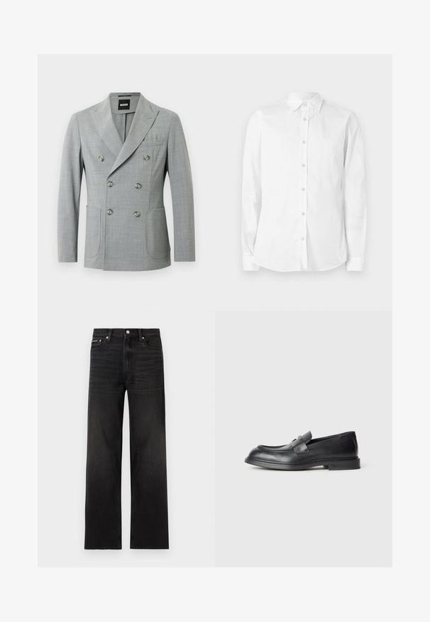Blazer gris à double boutonnage avec deux poches avant, revers en pointe et six boutons ronds en argent. Fabriqué à partir d'un tissu léger et texturé.; Chemise blanche à manches longues avec boutons, fabriquée en coton. Comprend un col pointu et un petit logo brodé sur la poitrine. Texture lisse.; Jean noir droit avec cinq poches, passants pour ceinture et fermeture par bouton, présenté sur un fond blanc.; Mocassins en cuir noir avec une finition texturée, dotés d'une bride décorative à l'avant et d'un bout arrondi. Semelle en caoutchouc pour plus de durabilité.