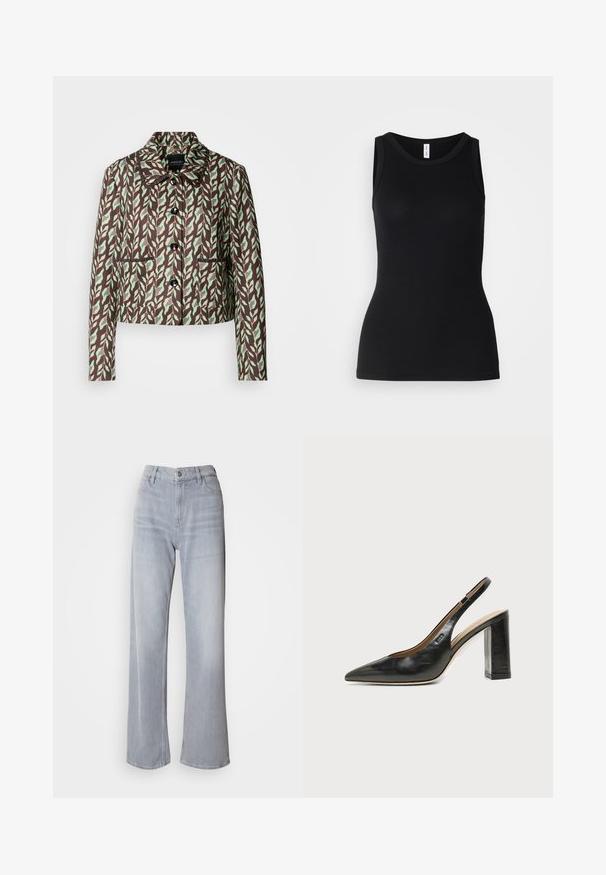 Marc Cain Blazer - dark wood; Débardeur noir sans manches en tissu côtelé, avec un col rond et une coupe ajustée, à la texture douce et sans motifs.; Jean large gris clair à taille haute, en denim. Doté de poches avant, d'une fermeture éclair et d'un léger délavage sur l'ensemble.; Chaussure slingback en cuir noir à bout pointu avec un talon bloc haut et une doublure intérieure beige sur un fond clair uni.