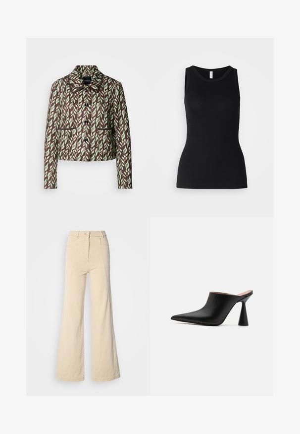Marc Cain Blazer - dark wood; Débardeur noir sans manches en tissu côtelé, avec un col rond et une coupe ajustée, à la texture douce et sans motifs.; Jeans beige à jambes larges avec taille haute, poches avant, et couture contrastée, dotés d'une fermeture à bouton et d'une texture en coton lisse.; Mules en cuir noir avec un bout pointu et un talon conique unique. Texture lisse et design minimaliste, à dos ouvert pour un enfilage facile.