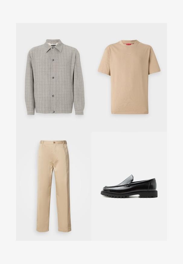 Veste à carreaux grise en tissu texturé, avec un col, une fermeture à boutons à l'avant et des manches longues.; T-shirt en coton beige à manches courtes, col rond, avec un logo "HUGO" discret au centre. Texture lisse, coupe décontractée.; Pantalons beiges en tissu léger, avec une coupe droite, une taille avec passants de ceinture et une fermeture à bouton sur le devant.; Mocassin en cuir noir avec semelle en caoutchouc épaisse, dessus cousu et nom de marque embossé sur le talon, présenté de profil sur fond blanc.