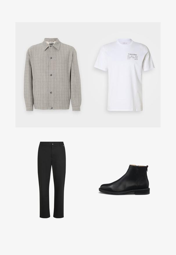 Grijze geruite jas van gestructureerde stof, met een kraag, sluiting met knopen aan de voorkant en lange mouwen.; Witte katoenen t-shirt met korte mouwen, een ronde hals en bedrukte tekst: "Calvin Klein 205 WEST 39TH STREET NEW YORK CITY 10018."; Zwarte broek van gladde stof, met een recht model, een knoopsluiting aan de voorkant en een subtiele logodetail op de tailleband.; Zwarte leren enkellaars met rits aan de zijkant, glad bovenwerk, lage blokhak en trekkoord aan de achterkant, zijaanzicht tegen een witte achtergrond.
