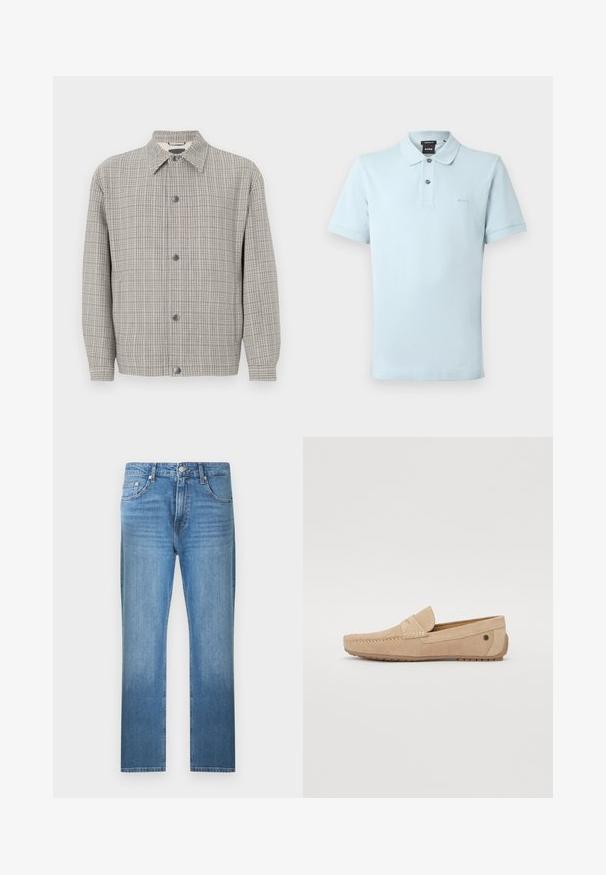 Grijze geruite jas van gestructureerde stof, met een kraag, sluiting met knopen aan de voorkant en lange mouwen.; Lichtblauw poloshirt, korte mouwen, kraag, drieknopenbies, klein geborduurd logo op de borst, glad katoenen stof.; Blauwe jeans met rechte pijpen, een uitgebleekte wassing, knoop- en ritssluiting aan de voorkant en een ontwerp met vijf zakken tegen een effen witte achtergrond.; Jack & Jones JFWJENSEN - Mocassins - moonbeam