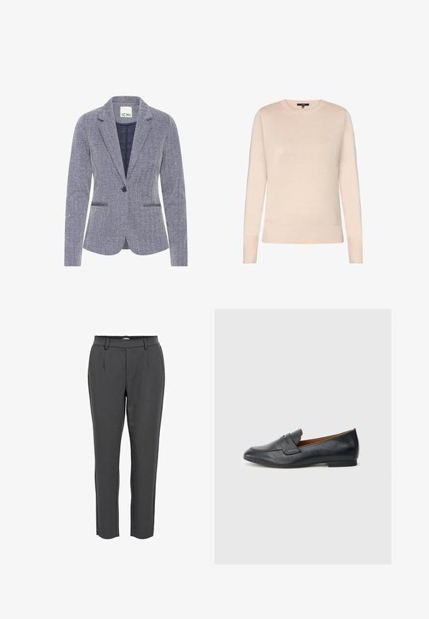 Blazer med fiskebensmønster i marineblå og hvid. Har slagkrave, to frontlommer og en enkelt knaplukning for et skræddersyet look.; Lyse beige langærmet rundhalset sweater med ribstrikkede ærmekanter og kant, vist mod en hvid baggrund.; Mørkegrå tapered bukser med en glat tekstur, der har et elastisk taljebånd, to frontfolder og ankellang design.; Sort læderloafers med rundet tå, diskrete syningsdetaljer og flad hæl. Glat tekstur med enkelt silhuet.