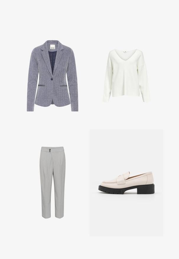 Haringbone-patroon blazer in marineblauw en wit. Bevat notch revers, twee voorkpetten en een enkele knoopsluiting voor een getailleerde uitstraling.; Witte top met lange mouwen, diepe V-hals, ontspannen pasvorm en zachte, gestructureerde stof. Eenvoudig ontwerp, zonder zichtbare patronen of accenten.; Lichtgrijze broek met een getailleerde pasvorm, voorzien van twee voorplooien, een soepele textuur en dubbele knoopsluiting op de tailleband.; Lichtbeige leren loafers met een gestikte voorkant en een textuur met een zwarte plateauhak. Beschikt over een gebogen ontwerp en een lichte verhoging.