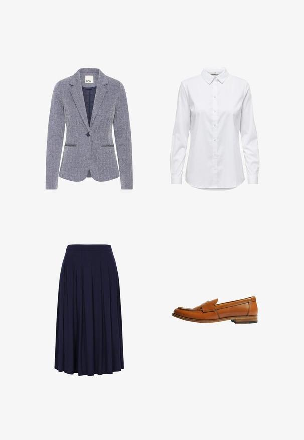 Blazer med fiskebensmønster i marineblå og hvid. Har slagkrave, to frontlommer og en enkelt knaplukning for et skræddersyet look.; Hvid skjorte med knaplukning, lange ærmer, struktureret krave og rundet kant. Fremstillet af et glat, ensfarvet stof uden synlige mønstre eller detaljer.; Navyblå plisseret midi-nederdel med fitted taljebånd, flydende stof og subtile lodrette folder, vist mod en hvid baggrund.; Brun læderloafer med flad hæl, rund tå og en dekorativ rem over vristen. Glat tekstur med kontrastsyningsdetalje.