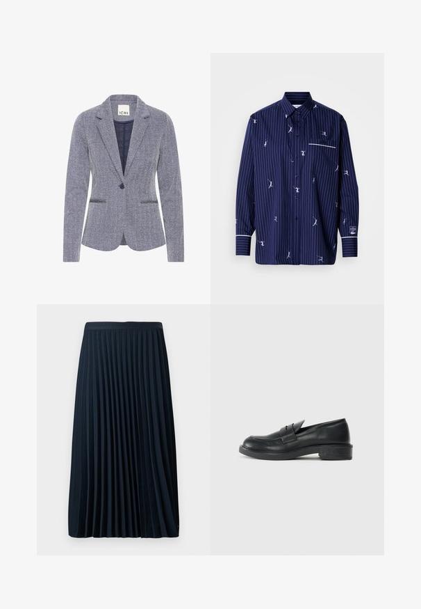 Haringbone-patroon blazer in marineblauw en wit. Bevat notch revers, twee voorkpetten en een enkele knoopsluiting voor een getailleerde uitstraling.; Marineblauw overhemd met knopen, voorzien van witte strepen en speelse geborduurde figuren. Heeft een borstzakje en contrasterende witte afwerking op de manchetten.; Geplooide marineblauwe rok met een gestructureerde tailleband, gemaakt van een soepele stof, met gelijkmatig verdeelde verticale plooien en een lengte tot halverwege het kalf.; Zwarte leren instappers met een ronde punt, gestikte details en een kleine hak. Soepele textuur en een flexibele rubberen zool.