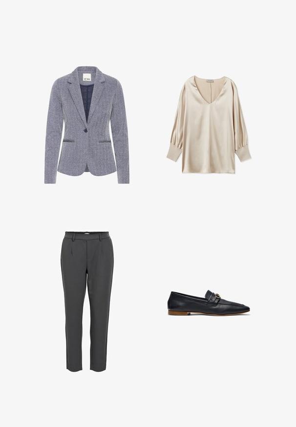 Blazer med fiskebensmønster i marineblå og hvid. Har slagkrave, to frontlommer og en enkelt knaplukning for et skræddersyet look.; Beige satinbluse med dyb V-udskæring, lange puffærmer og tætsiddende manchetter. Glat tekstur og minimalistisk design.; Mørkegrå tapered bukser med en glat tekstur, der har et elastisk taljebånd, to frontfolder og ankellang design.; Mørkeblå læder loafer med et strømlinet design, spids tå, minimal syning og en dekorativ guldfarvet detalje på læderbåndet. Flad træhæl.