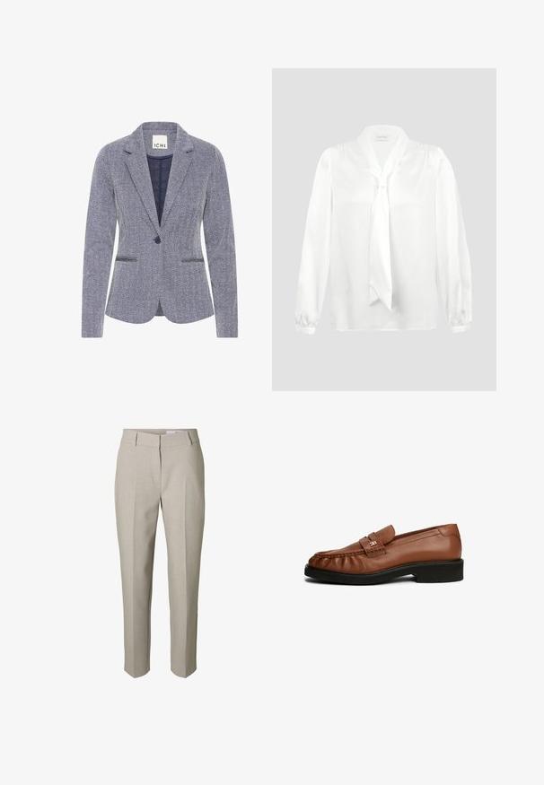 Blazer med fiskebensmønster i marineblå og hvid. Har slagkrave, to frontlommer og en enkelt knaplukning for et skræddersyet look.; Hvid bluse med lange ærmer, bindedetalje foran ved halsen og knapper ved manchetterne, vist på en ensfarvet lys grå baggrund.; Beige skræddersyede bukser med bæltestropper, lynlås foran og pressede læg ned langs benene, vist mod en hvid baggrund.; Brune læderloafer med en glat overflade, rund tå, frontrem detalje og lav sort gummihæl.
