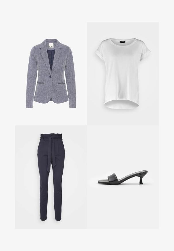 Haringbone-patroon blazer in marineblauw en wit. Bevat notch revers, twee voorkpetten en een enkele knoopsluiting voor een getailleerde uitstraling.; Witte T-shirt met korte mouwen en ronde halslijn, iets langere achterkant, zachte katoen stof en opgerolde mouwen. Geen zichtbare prints.; Vero Moda Tall VMEVA PAPERBAG - Broek - night sky; Zwarte hoge muiltjes met een gladde, matte leren bovenkant, open teen, brede band over de wreef en slanke, vierkante hak.