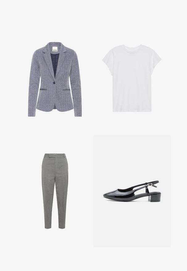 Haringbone-patroon blazer in marineblauw en wit. Bevat notch revers, twee voorkpetten en een enkele knoopsluiting voor een getailleerde uitstraling.; Witte t-shirt met korte mouwen, ronde hals, relaxte pasvorm, gemaakt van zacht katoen. Glad textuur, geen patronen of logo's.; Grijze gestreepte broeken met een getailleerde pasvorm, met een hoge taille, rechte pijpen en een gladde textuur. De streepjes zijn in een contrasterende kleur.; Zwarte gepatineerde leren slingback schoen met een spitse neus, uitgesneden zijkanten en een lage blokhak. Heeft een enkelband met een gesp.
