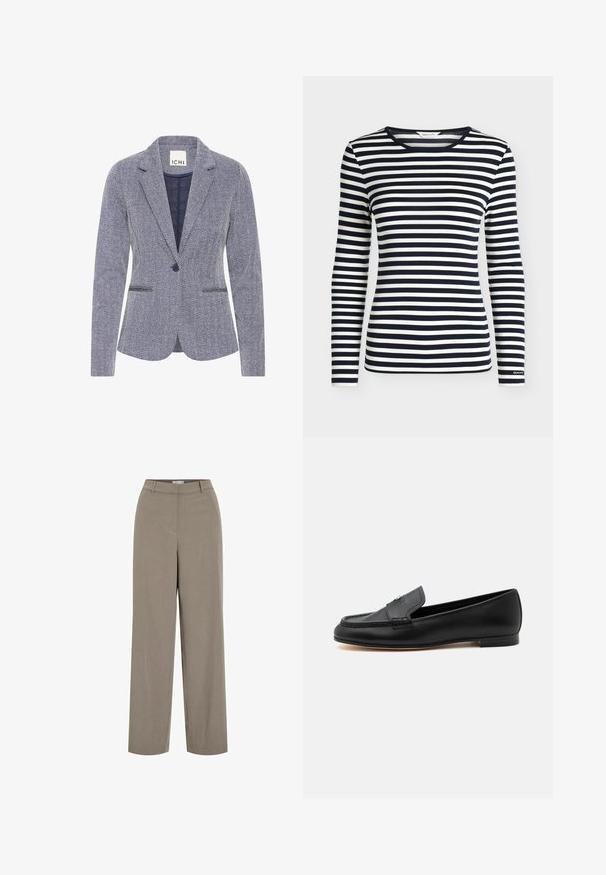 Haringbone-patroon blazer in marineblauw en wit. Bevat notch revers, twee voorkpetten en een enkele knoopsluiting voor een getailleerde uitstraling.; Oversized shirt met lange mouwen met marineblauwe en witte horizontale strepen en een ronde hals, met het merk GANT op de mouwboord.; Broek in lichtbruine stof, met een wijde pijpdesign, een gladde textuur en een klassieke tailleband met riemlussen.; Zwarte leren loafer met lage hak, gestikte details en een klein metalen accent op de bovenkant.