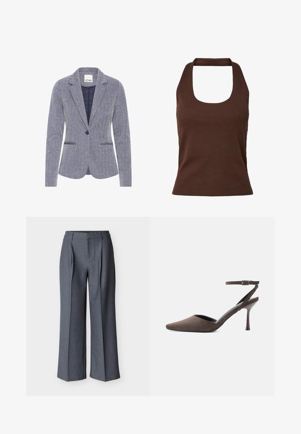 Haringbone-patroon blazer in marineblauw en wit. Bevat notch revers, twee voorkpetten en een enkele knoopsluiting voor een getailleerde uitstraling.; Bruin geribd mouwloos haltertopje met vierkante halslijn en nauwsluitende taille.; Grijze op maat gemaakte broek met een wijde pijp, geplooide voorkant en een gladde textuur. De stof lijkt lichtgewicht en is geweven met subtiele patronen.; Bruine suède hoge hakken met spits toelopende neus, dunne enkelriem en zilveren gesp op een witte achtergrond.