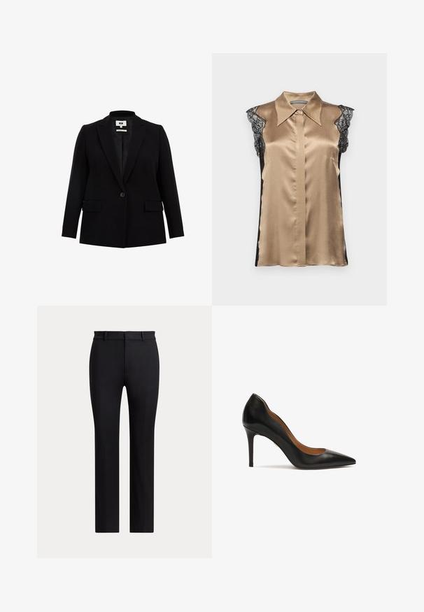 Sort blazer med klapkrave, enkelt knaplukning, to frontlommer og lange ærmer. Fremstillet af glat stof med en skræddersyet pasform.; Alberta Ferretti BLOUSE - Bluse - beige; Sorte bukser med lige ben, bæltestropper og slim fit, vist mod en ensartet lys baggrund.; Sorte læder højhælede sko med spidse tå, slankt design og en glat overflade. Har en slank stiletto hæl og en lavskåret forside.