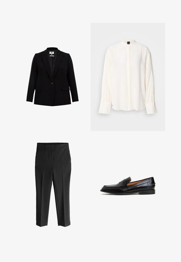 Sort blazer med klapkrave, enkelt knaplukning, to frontlommer og lange ærmer. Fremstillet af glat stof med en skræddersyet pasform.; Langærmet, cremefarvet bluse lavet af glat stof; mandarin-krave, forflap, knappede ærmekanter og en afslappet pasform.; Sorte cropped bukser med bred talje, der har en glat tekstur, tapered ben og sideslids i kanten for ekstra detalje.; Sorte læder loafers med et elegant design, der har en bred rem over vristen, rund tå og flad sål. Glat tekstur med minimal syning.