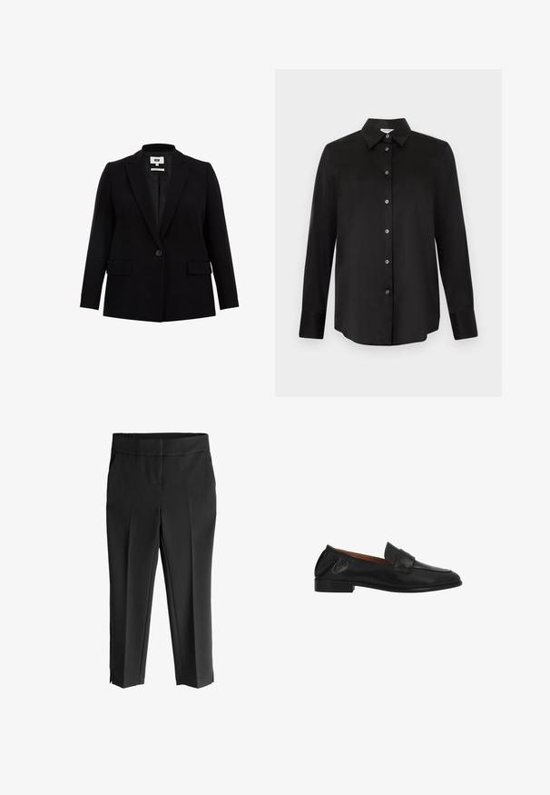 Blazer negro con solapa de muesca, cierre de un solo botón, dos bolsillos frontales y mangas largas. Fabricado en un tejido suave con un corte ajustado.; Camisa negra de manga larga con botones, cuello puntiagudo y siete botones, mostrada sobre un fondo gris claro.; Pantalones negros ajustados con una textura suave, que presentan una cinturilla ancha, dos bolsillos laterales y aberturas en el dobladillo para un acabado moderno.; Mocasín negro de piel tipo slip-on con tacón bajo, punta redondeada y detalle de tira cosida en la parte superior.