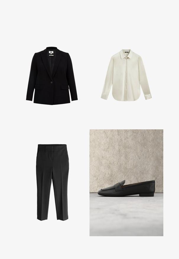 Schwarzer Blazer mit Reverskragen, Einzelknopfverschluss, zwei Vordertaschen und langen Ärmeln. Aus glattem Stoff mit taillierter Passform gefertigt.; Langärmliges cremefarbenes Hemd mit Knopfleiste, spitzem Kragen und abgerundetem Saum, auf weißem Hintergrund dargestellt.; Schwarze, dehnbare Hosen mit einem breiten elastischen Bund. Sie haben einen geraden Schnitt und seitliche Schlitze an den Knöcheln für mehr Bewegungsfreiheit.; Schwarze Lederlofer mit goldener Akzentuierung, runder Zehenform und glatter Textur, die über einer reflektierenden Oberfläche mit metallicregalen schwebt.
