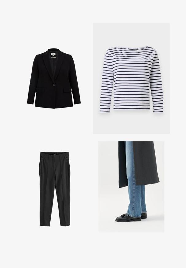 Blazer negro con solapa de muesca, cierre de un solo botón, dos bolsillos frontales y mangas largas. Fabricado en un tejido suave con un corte ajustado.; Top de rayas de manga larga en blanco y azul marino, con escote barco y un corte relajado. Fabricado en suave material de algodón con dobladillos cosidos.; Pantalones ajustados negros con una textura suave, que cuentan con dos bolsillos frontales con cremallera y pliegues en la parte frontal para un diseño estructurado.; Mocasines de cuero negro con borlas, combinados con jeans rectos de color azul claro, complementados por un abrigo gris oscuro. Líneas limpias y tejido texturizado.