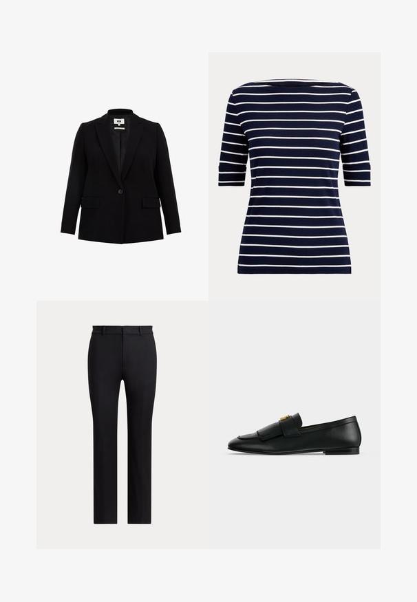 Blazer noir avec un col cranté, fermeture à un bouton, deux poches avant et manches longues. Fabriqué en tissu lisse avec une coupe ajustée.; Chemise bleu marine avec des rayures horizontales blanches et des manches aux coudes, montrée sur un fond clair uni.; Pantalon noir à jambes droites avec passants de ceinture et coupe slim, présenté sur un fond clair uni.; Mocassin en cuir noir avec un rabat avant à franges et une petite boucle dorée sur un fond gris clair uni.