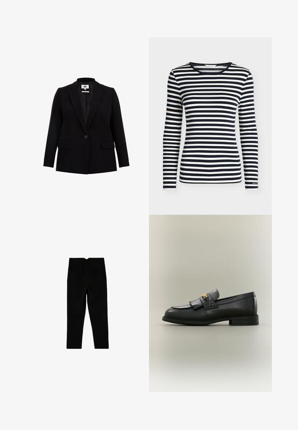 Zwarte blazer met een notch-kraag, enkele knoopsluiting, twee voorzakken en lange mouwen. Gemaakt van een gladde stof met een getailleerde pasvorm.; Oversized shirt met lange mouwen met marineblauwe en witte horizontale strepen en een ronde hals, met het merk GANT op de mouwboord.; Zwarte op maat gemaakte broek tot aan de enkel met zijzakken en een licht taps toelopende pijp, plat liggend op een witte achtergrond.; Zwarte leren loafer met franjes en gouden embleem op een neutrale achtergrond, zijaanzicht.