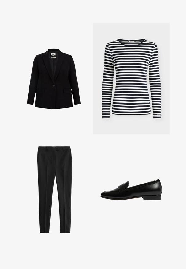 Blazer negro con solapa de muesca, cierre de un solo botón, dos bolsillos frontales y mangas largas. Fabricado en un tejido suave con un corte ajustado.; Camisa de manga larga con rayas horizontales en azul marino y blanco y cuello redondo, con la marca GANT en el puño de la manga.; Pantalones negros en una tela suave y ligera. Presentan un corte ajustado, pliegues delanteros y cinturilla estándar con bolsillos laterales y traseros.; Scarosso VALERIA - Zapatos sin cordones - black calf