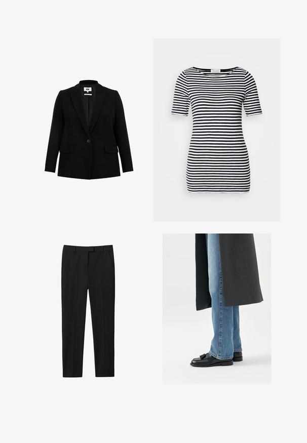 Schwarzer Blazer mit Reverskragen, Einzelknopfverschluss, zwei Vordertaschen und langen Ärmeln. Aus glattem Stoff mit taillierter Passform gefertigt.; Schwarz-weißer gestreifter Kurzarm-Top mit Bootsausschnitt, taillierter Silhouette und weichem, glattem Stoff. ; Schwarze Hosen mit maßgeschneidertem Design, flachem Bund, zwei seitlichen Taschen und geradem Beinschnitt. Aus glattem Stoff mit einem subtilen Glanz gefertigt.; Schwarze Leder Slipper mit Quasten, getragen mit hellblauen geraden Jeans, ergänzt durch einen dunkelgrauen Mantel. Klare Linien und strukturierter Stoff.