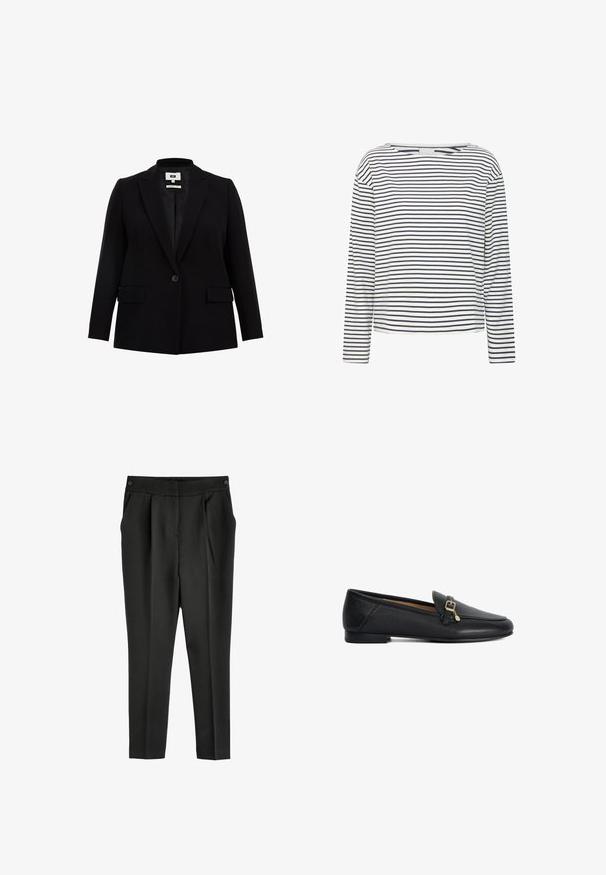 Blazer negro con solapa de muesca, cierre de un solo botón, dos bolsillos frontales y mangas largas. Fabricado en un tejido suave con un corte ajustado.; Camiseta de manga larga con escote barco, hecha de un tejido suave con rayas horizontales en azul marino y blanco. Corte recto y detalles minimalistas.; Pantalones negros de talle alto con un acabado texturizado, que presentan pliegues en la parte delantera, bolsillos laterales y un cierre de botón en la cintura.; Mocasín de cuero negro con suela plana y detalle de hebilla en tono dorado en el lateral, diseño minimalista, visto desde el lado exterior.