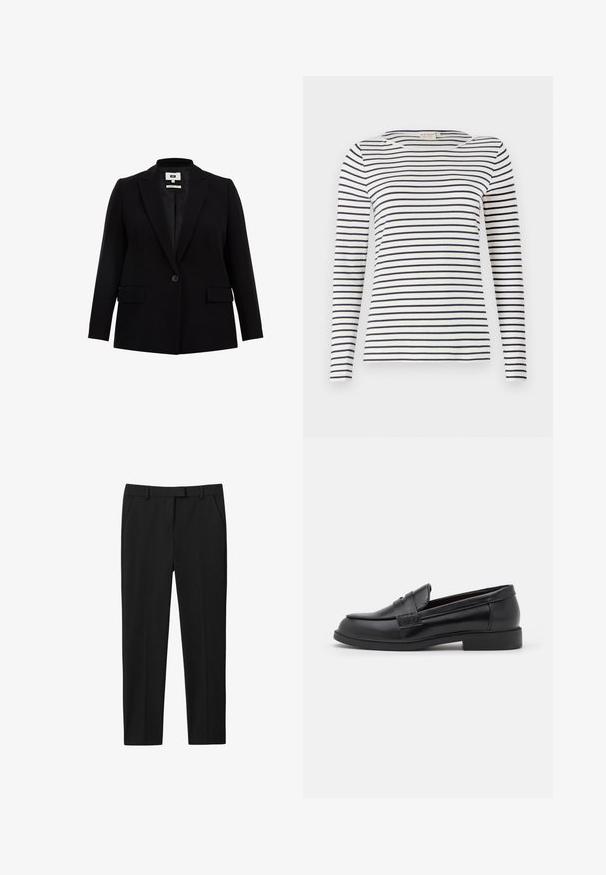 Blazer negro con solapa de muesca, cierre de un solo botón, dos bolsillos frontales y mangas largas. Fabricado en un tejido suave con un corte ajustado.; Camisa de manga larga a rayas hecha de tela suave, con rayas horizontales en azul marino y blanco, escote redondo y un diseño ajustado.; Pantalones negros con un diseño ajustado, con frente plano, dos bolsillos laterales y corte recto. Fabricados en un tejido suave con un brillo sutil.; Mocasines de cuero negro con una textura suave, punta redondeada, detalles de costura en la parte superior y una suela de goma baja y plana.