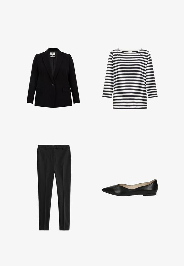 Blazer noir avec un col cranté, fermeture à un bouton, deux poches avant et manches longues. Fabriqué en tissu lisse avec une coupe ajustée.; Chemise à manches longues à rayures horizontales noires et blanches, avec un col rond et une étiquette portant la mention "Cecil" au niveau du col.; Pantalon noir sur mesure en tissu lisse. Présente un devant plat, des poches latérales et une coupe ajustée. Style épuré et minimaliste.; Ballerines en cuir noir avec un bout pointu, texture lisse et design minimaliste. Semelle plate sans quincaillerie ou accents visibles.
