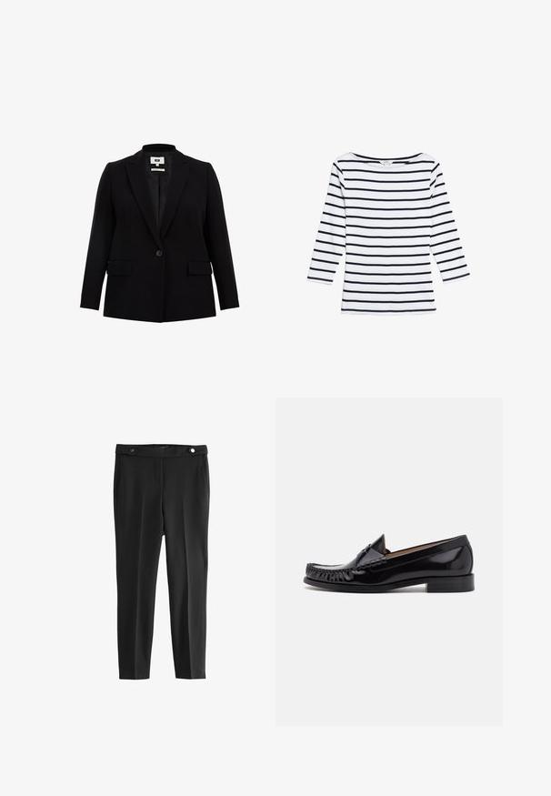 Zwarte blazer met een notch-kraag, enkele knoopsluiting, twee voorzakken en lange mouwen. Gemaakt van een gladde stof met een getailleerde pasvorm.; Marks & Spencer STRIPED SLASH NECK - Longsleeve - white mix; Zwarte op maat gemaakte broek met een gladde textuur, voorzien van twee voorzakken en een tailleband met twee ronde zwarte knopen.; Zwarte leren mokassin met een glanzende afwerking, voorzien van franjes aan de voorkant en een lage gestapelde hak.