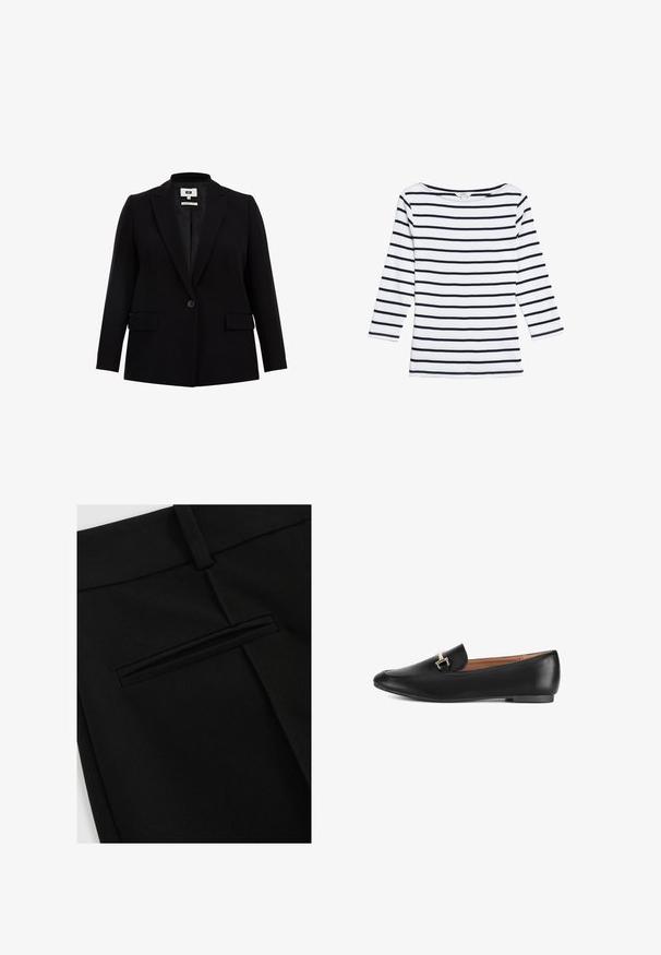 Sort blazer med klapkrave, enkelt knaplukning, to frontlommer og lange ærmer. Fremstillet af glat stof med en skræddersyet pasform.; Marks & Spencer STRIPED SLASH NECK - Langærmet T-shirt - white mix; Sorte bukser lavet af glat stof, med et fladt design foran og en enkelt baglomme med en slidsåbning.; Sort læderloafer med en glat tekstur, spids snude, lav hæl og dekorativ guldfarvet spænde foran.