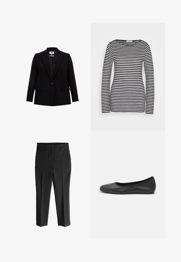 Blazer negro con solapa de muesca, cierre de un solo botón, dos bolsillos frontales y mangas largas. Fabricado en un tejido suave con un corte ajustado.; Top de manga larga en algodón, con rayas horizontales en azul marino y blanco, cuello redondo, corte ajustado, con textura suave y diseño minimalista.; Pantalones negros cropped con una cinturilla ancha, que cuentan con una textura suave, piernas ajustadas y aberturas laterales en el dobladillo para un detalle adicional.; Bailarina de piel negra con punta redondeada, textura suave, detalle de costura minimalista y diseño de suela flexible.